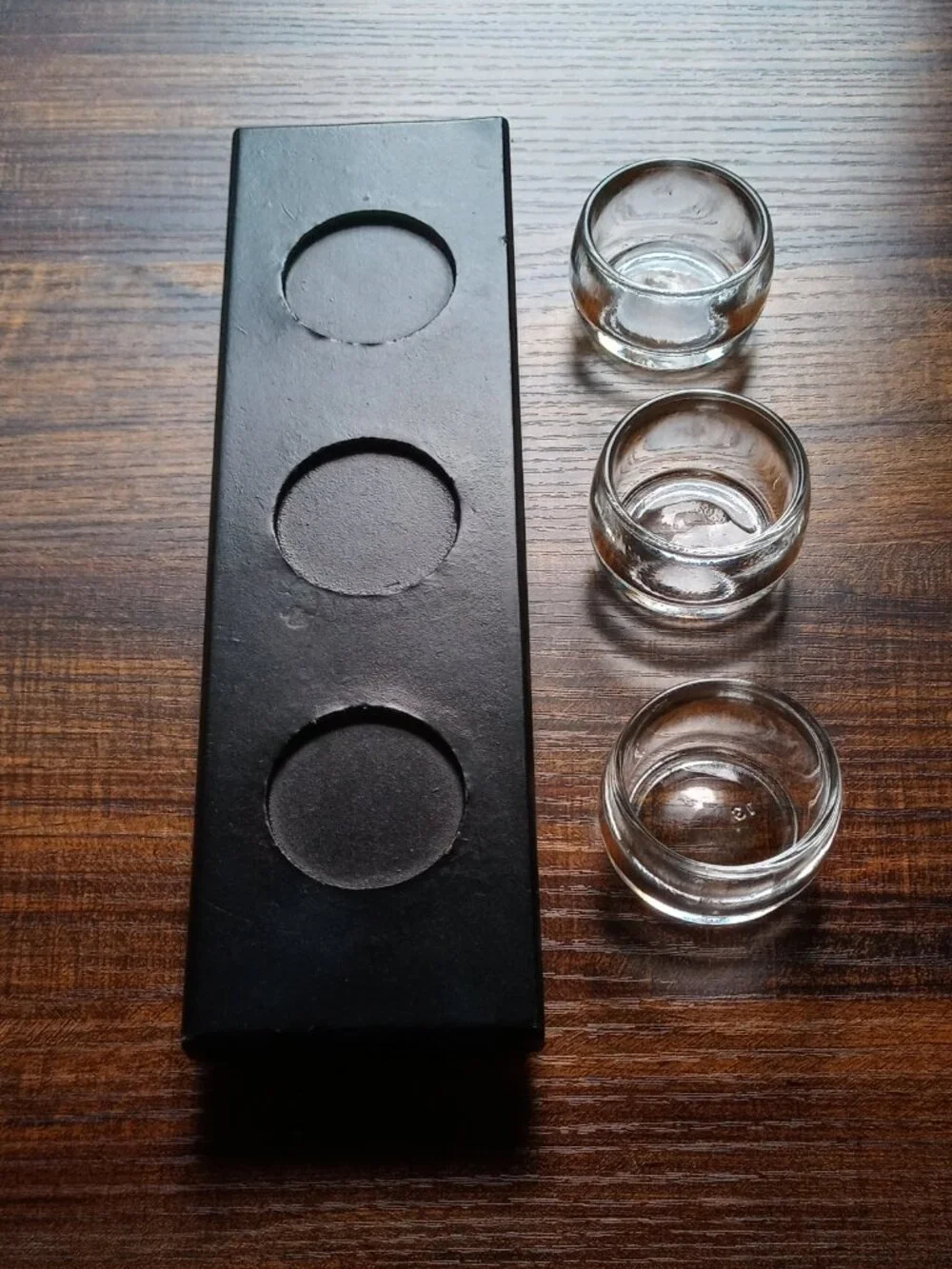 3-Cup Glass Votive/Tealight Candle Holder Centerpiece w/Black Wooden Tray Decor